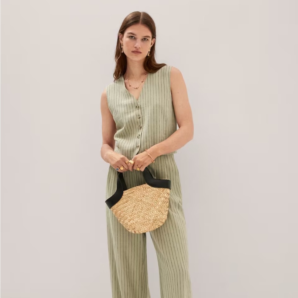 MANGO Pinstripe Linen Vest, Size L, Color: Green, Brand new with tags attached